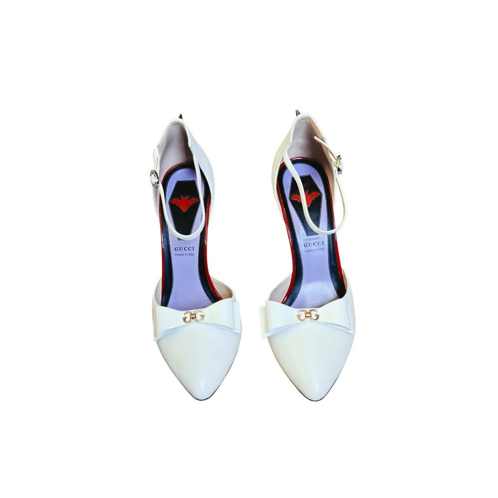 Gucci White Leather Crystal GG Bow Spike Ankle Strap d'Orsay High Heel Pumps - Picture 5 of 11